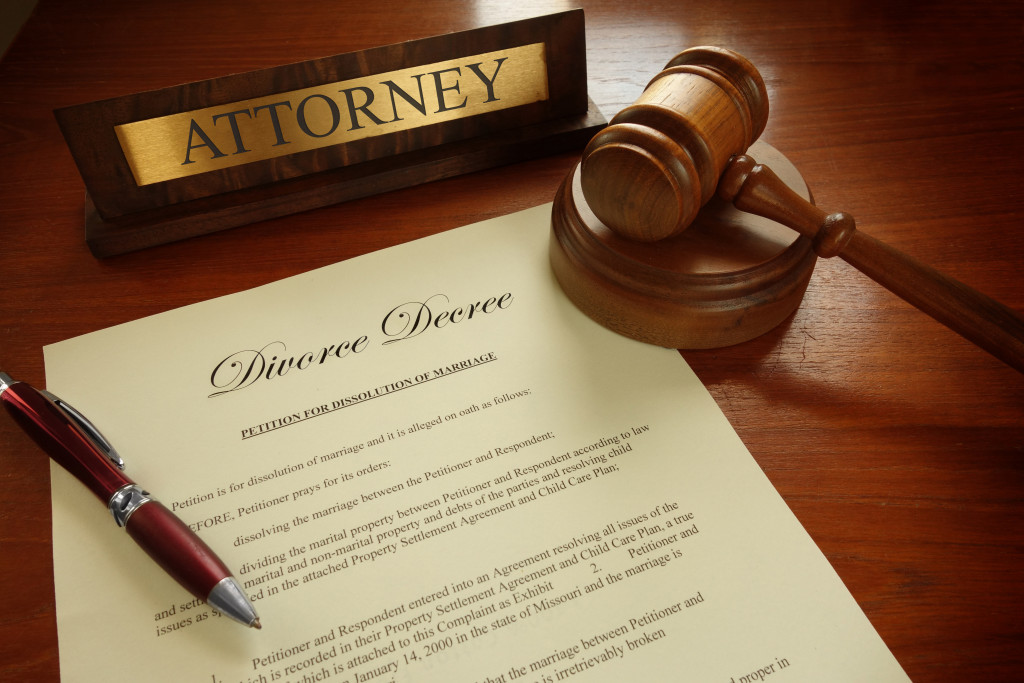 Divorce Decree with gavel and Attorney nameplate